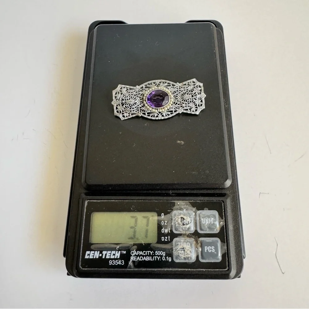 10K White Gold Filigree Brooch Amethyst Pearl Antique Ornate Pin Estate Piece‎
